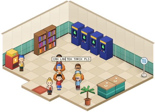 Players crowding around arcade cabinets in the arcade corner