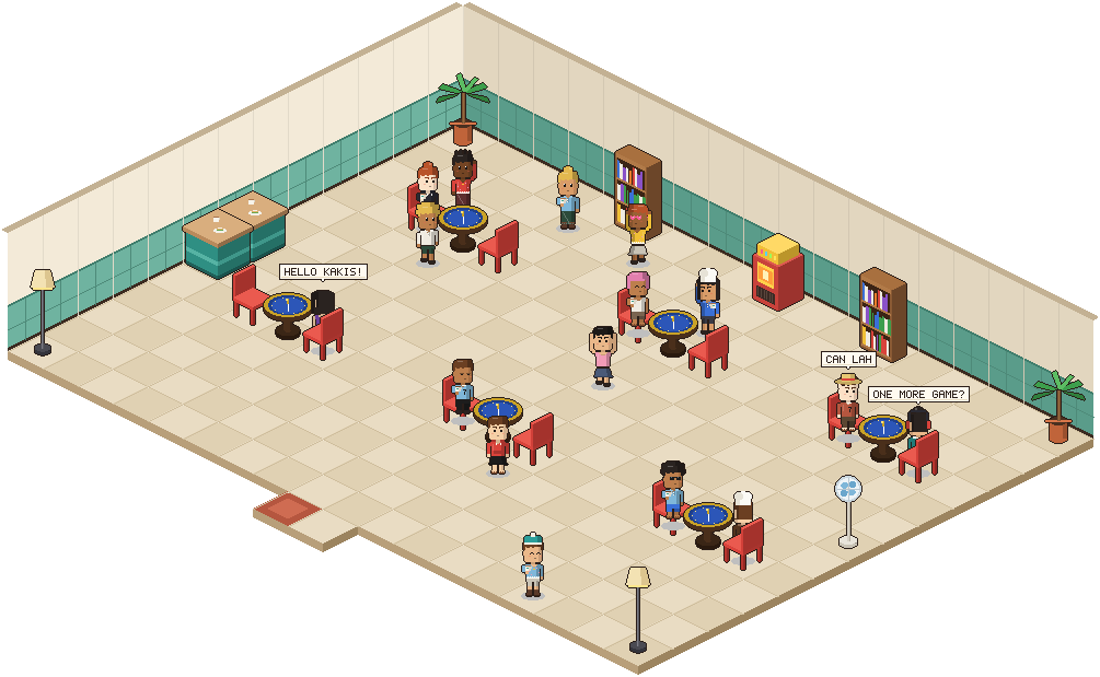 Pixel-art Avalon Hall with round tables for the hidden-role game Avalon