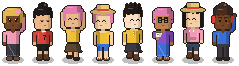 A lineup of pixel-art avatars in different outfits, hairstyles and poses