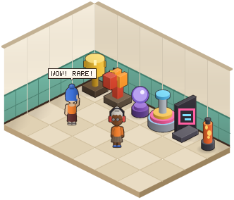 Rare blindbox prizes on display: a trophy, a phoenix, a crystal ball, a rainbow fountain, a neon sign and a lava lamp
