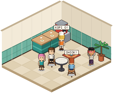 Players chatting in a pixel-art Singapore kopitiam, sitting at marble tables and ordering kopi at the counter