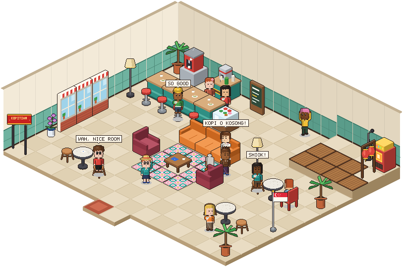 Pixel-art kopitiam with players chatting, sitting at marble tables and ordering drinks