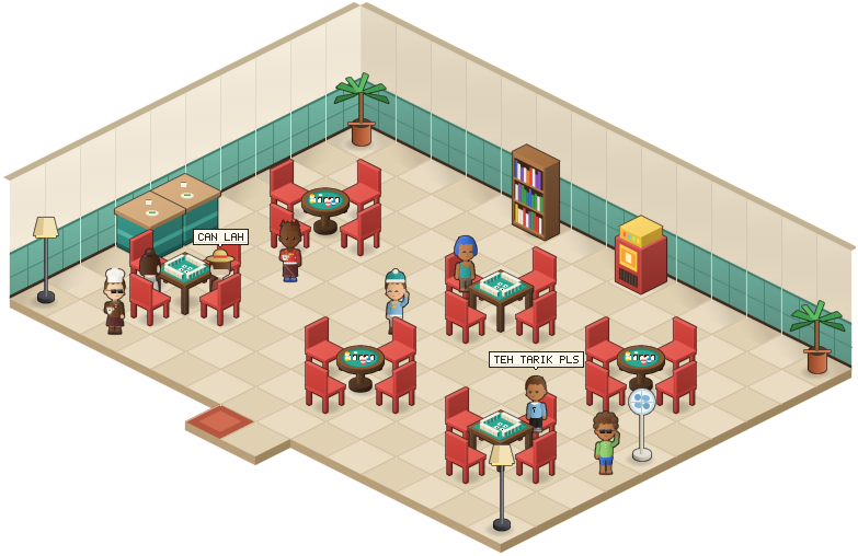 Players at card and board game tables in the Card Den, playing poker, mahjong and Chinese chess