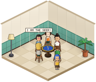Six players around the round Shadow Court table, playing the hidden-role game