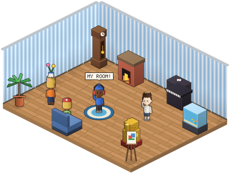 A cosy decorated room with striped walls, a wood floor, a piano, a fireplace and a golden lucky cat