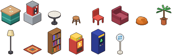 Pixel-art furniture including marble tables, stools, plants, lamps and an arcade cabinet