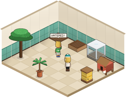 A garden room with a crop bed, raised bed, greenhouse bed, chicken coop and beehive, tended by two players