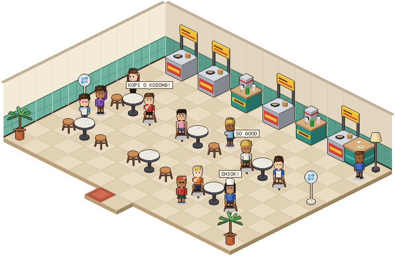 A pixel-art hawker centre with food stalls and tables