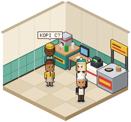 Pixel-art barista station, office desk, cash register and hawker stall