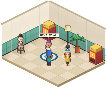 Players dancing between two jukeboxes as the next song starts