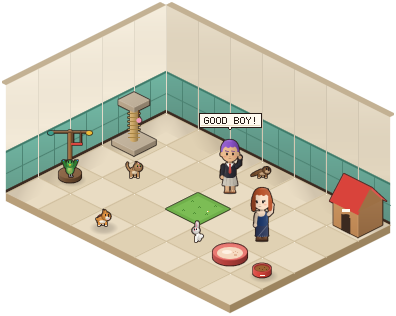 Players with their pets: a cat, a corgi, a parrot, a rabbit and an otter on a little lawn