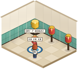 Two players celebrating a daily reward with a trophy and lanterns