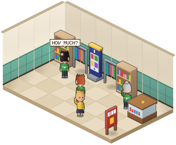 Shoppers browsing shelves and clothes racks in a shop, with a counter and a sale sign