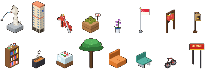 Pixel-art Singapore decorations: the Merlion, an HDB block, the dragon playground, a durian stall, orchids, the Singapore flag, red lanterns, a satay grill and a rain tree