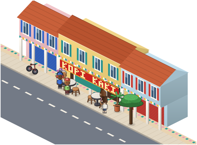 The Kopi Kaki shophouse street with people strolling past the kopitiam