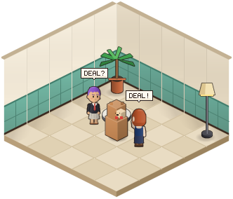 Two players making a trade across a table, one saying deal and the other agreeing