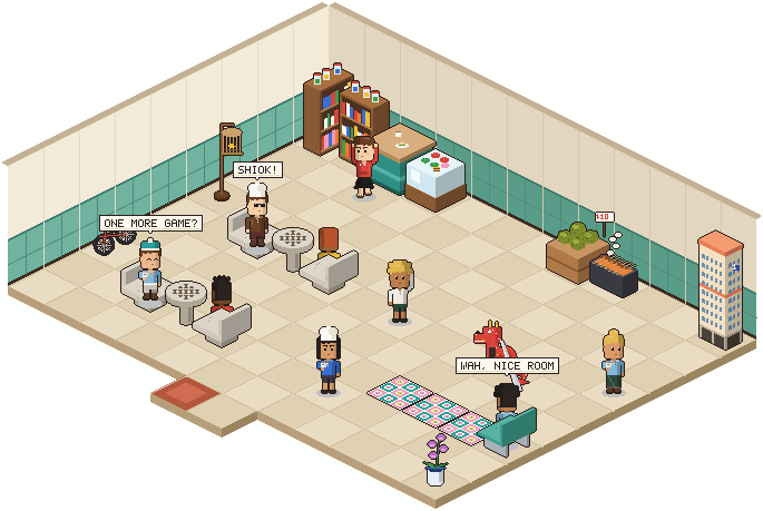 A pixel-art void deck with stone benches, a mama shop and a dragon playground